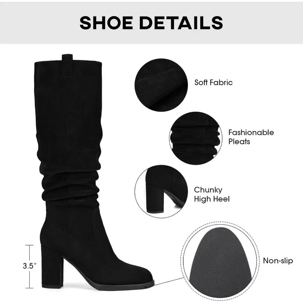 Women's Black Tall Chunky High Heel Side Zipper Knee High Boots With Party